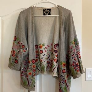 Johnny Was Biya : embroidered open front floral cardigan kimono sweater M